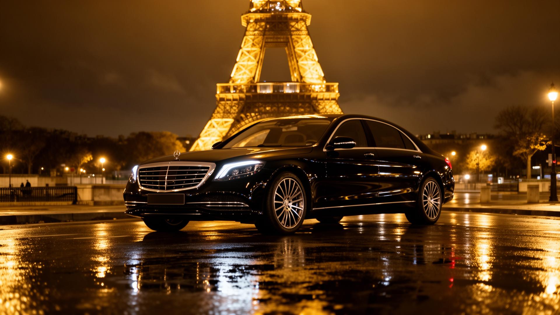 Berline de luxe Paris Transfer devant la Tour Eiffel la nuit